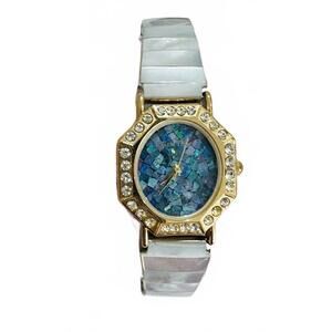 Gem Time Quartz Women's Watch with Mother of Pearl Blue Mosaic Crystal Accents